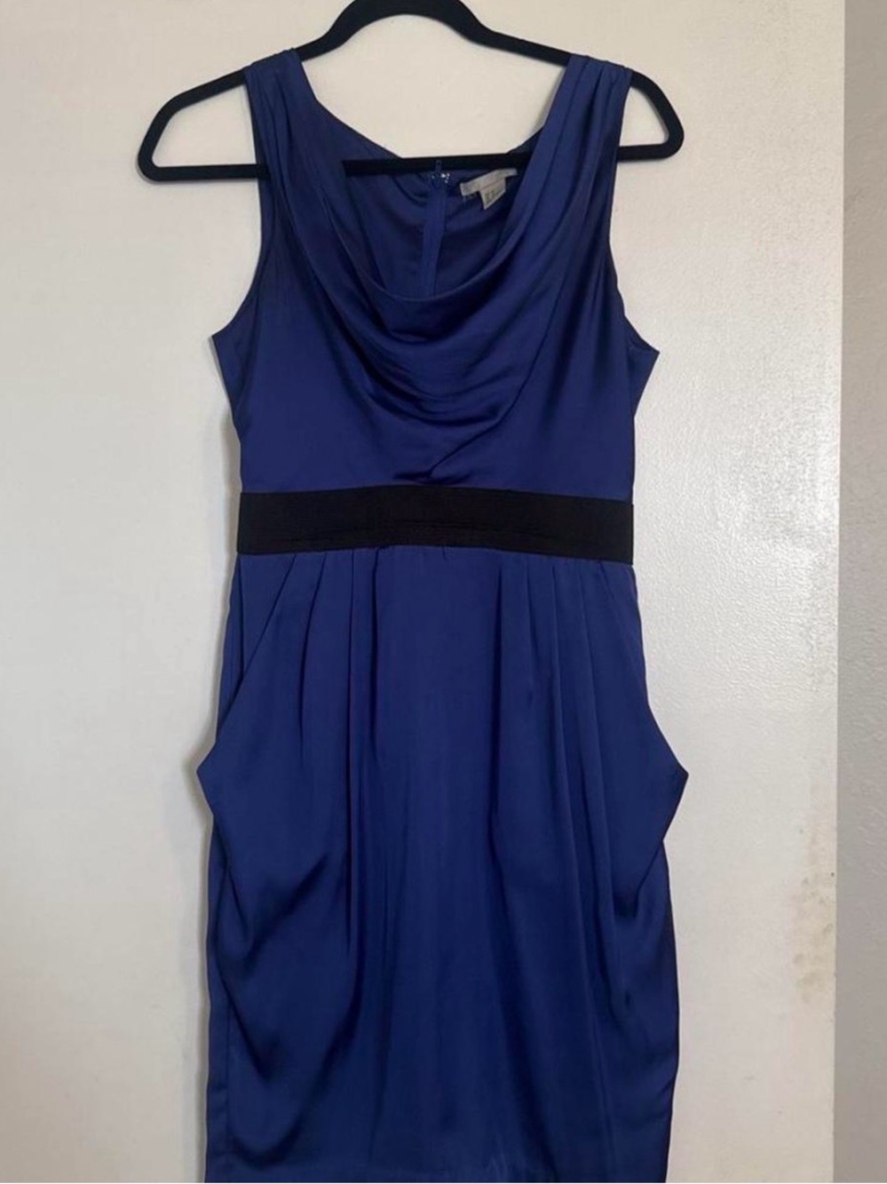 H&M Navy Blue Midi Dress with Black Waistband